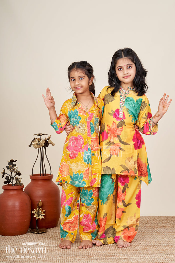 The Nesavu Girls Sharara / Plazo Set Floral printed girls sharara set in viscose modal silk Nesavu Nesavu girls yellow sharara set with floral digital print in modal silk