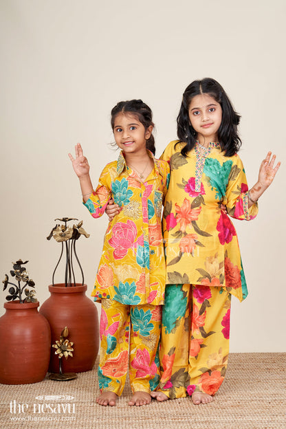 The Nesavu Girls Sharara / Plazo Set Floral printed girls sharara set in viscose modal silk Nesavu Nesavu girls yellow sharara set with floral digital print in modal silk