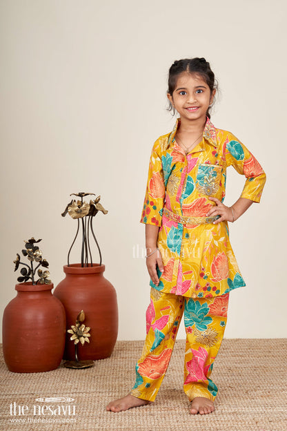 The Nesavu Girls Sharara / Plazo Set Floral printed girls sharara set in viscose modal silk Nesavu Nesavu girls yellow sharara set with floral digital print in modal silk