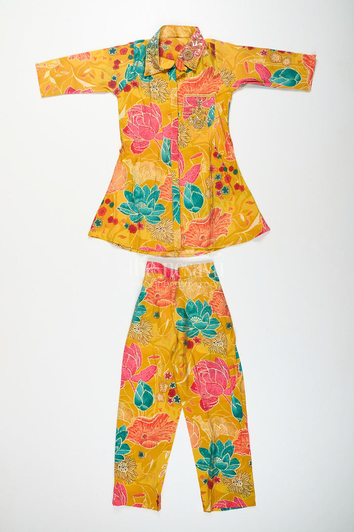 The Nesavu Girls Sharara / Plazo Set Floral printed girls sharara set in viscose modal silk Nesavu Nesavu girls yellow sharara set with floral digital print in modal silk