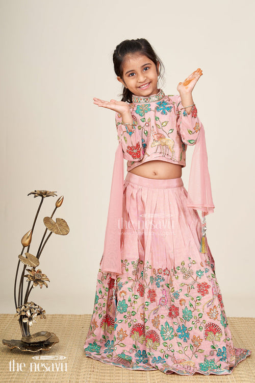 The Nesavu Girls Lehenga Choli Floral tissue silk lehenga choli for girls with full-sleeve top Nesavu 24 (5Y) / Pink GL811A-24 Nesavu pink girls lehenga choli set in tissue silk with floral print and sequin detailing