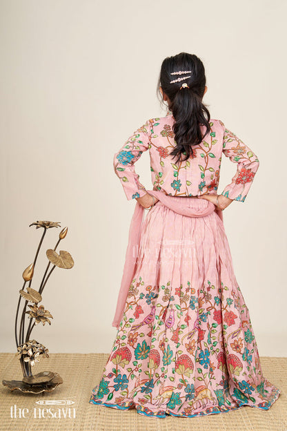 The Nesavu Girls Lehenga Choli Floral tissue silk lehenga choli for girls with full-sleeve top Nesavu Nesavu pink girls lehenga choli set in tissue silk with floral print and sequin detailing