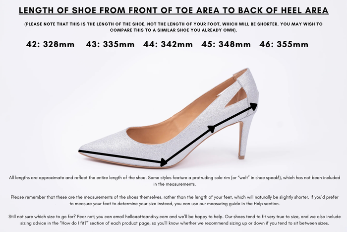 Measurement diagram displaying lengths of womens large size shoes in sizes 42,43,44,45 and 46.