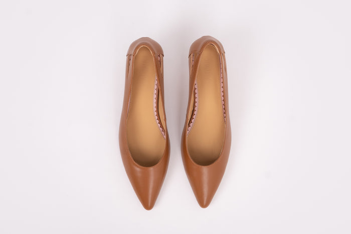 Aerial view of Florence Kitten Heel in Tan. Womens formal shoe available in larger European sizes 42-46