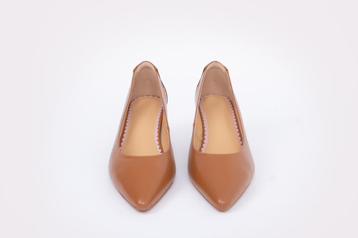 Front view of womens Tan kitten hell, Florence. Available in larger sizes for tall women. UK 8-12