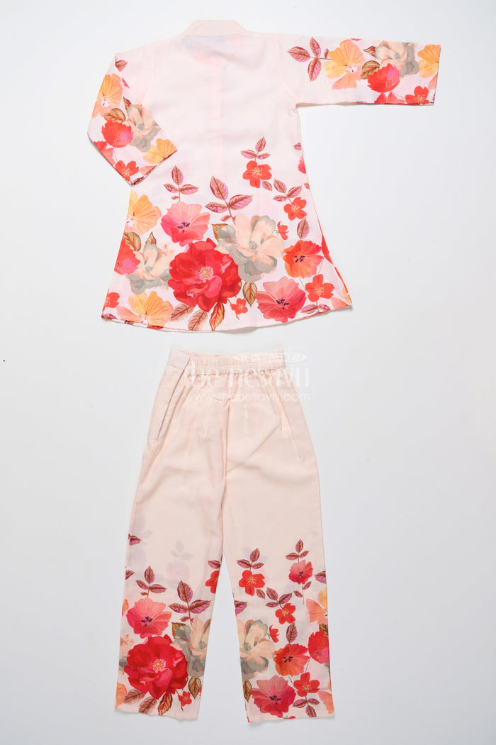 The Nesavu Girls Co-Ord Sets Foral Cotton Sharara Set for Girls for Ethnic School Events Nesavu Nesavu cream floral print cotton sharara set for girls with tassel details festive school ethnic wear
