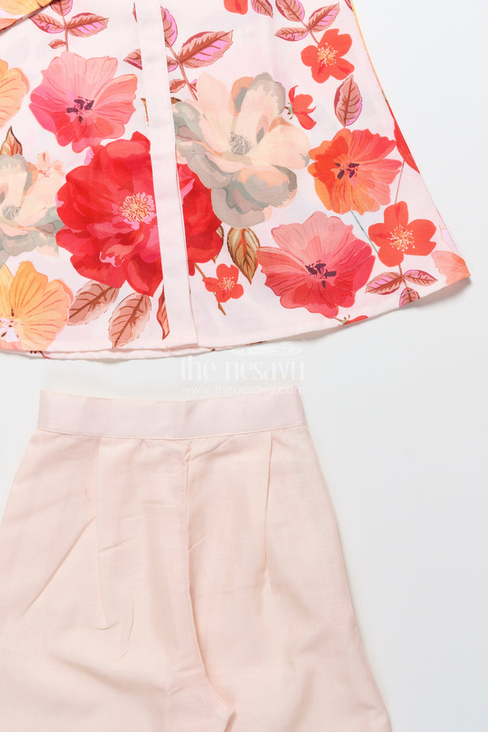 The Nesavu Girls Co-Ord Sets Foral Cotton Sharara Set for Girls for Ethnic School Events Nesavu Nesavu cream floral print cotton sharara set for girls with tassel details festive school ethnic wear