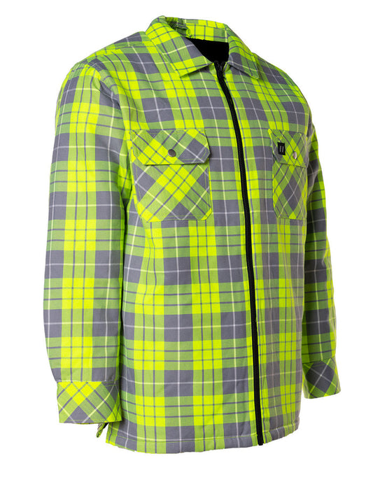 Forcefield Hi Vis Lime Plaid Quilted Flannel Shirt Jacket with Front Zip