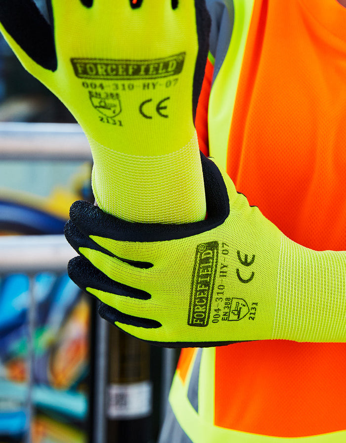 Forcefield Hi-Vis Nylon Work Glove, Palm Coated with Crinkle Latex