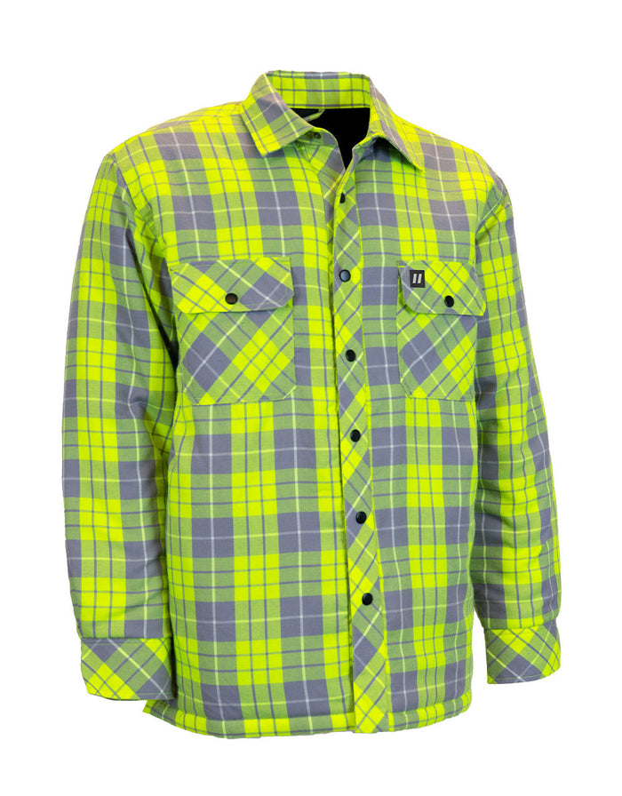 Forcefield Hi Vis Plaid Quilted Flannel Shirt Jacket with Reflective Striping
