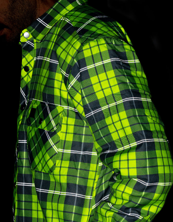 Forcefield Hi Vis Plaid Quilted Flannel Shirt Jacket with Reflective Striping