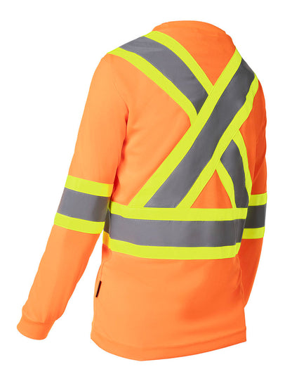 Forcefield Women's Hi Vis Crew Neck Long Sleeve Safety Tee Shirt with Chest Pocket