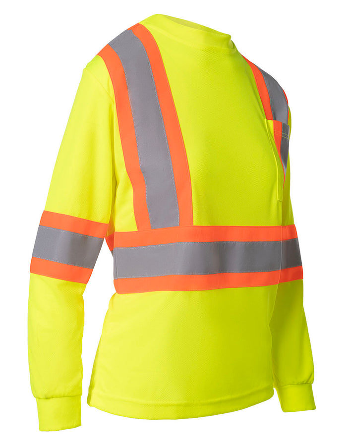 Forcefield Women's Hi Vis Crew Neck Long Sleeve Safety Tee Shirt with Chest Pocket