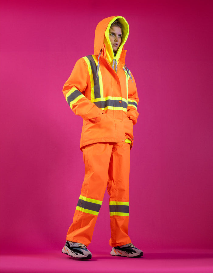 Forcefield Women's Hi Vis Safety Rain Jacket with Snap-Off Hood