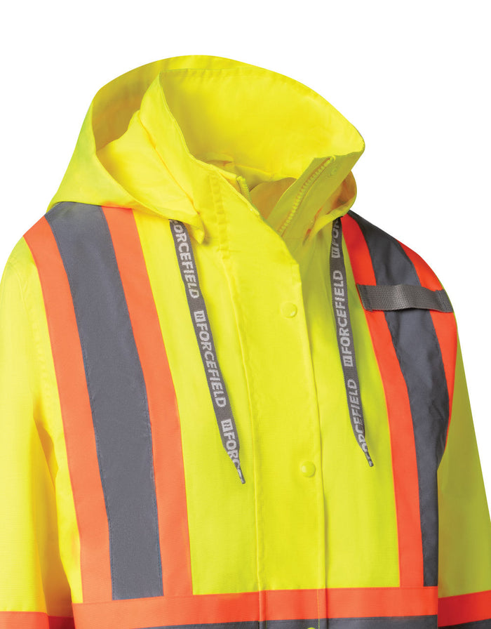 Forcefield Women's Hi Vis Safety Rain Jacket with Snap-Off Hood