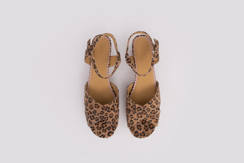 Aerial view of Frankie sandal in leopard print. A womens heel available in larger European sizes 42-46