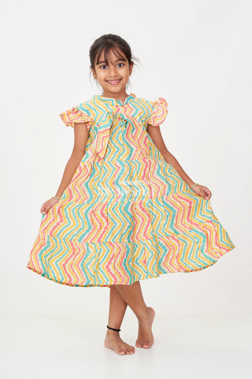 The Nesavu Girls Cotton Frock Frocks Kidswear in Modal Silk with Multicolor Zigzag Digital Print and Tiered Design for Girls Nesavu 18 (2Y) / Green GFC1693A-18 Nesavu Frocks Kidswear Girls Modal Silk Multicolor Zigzag Digital Print Tiered Flair