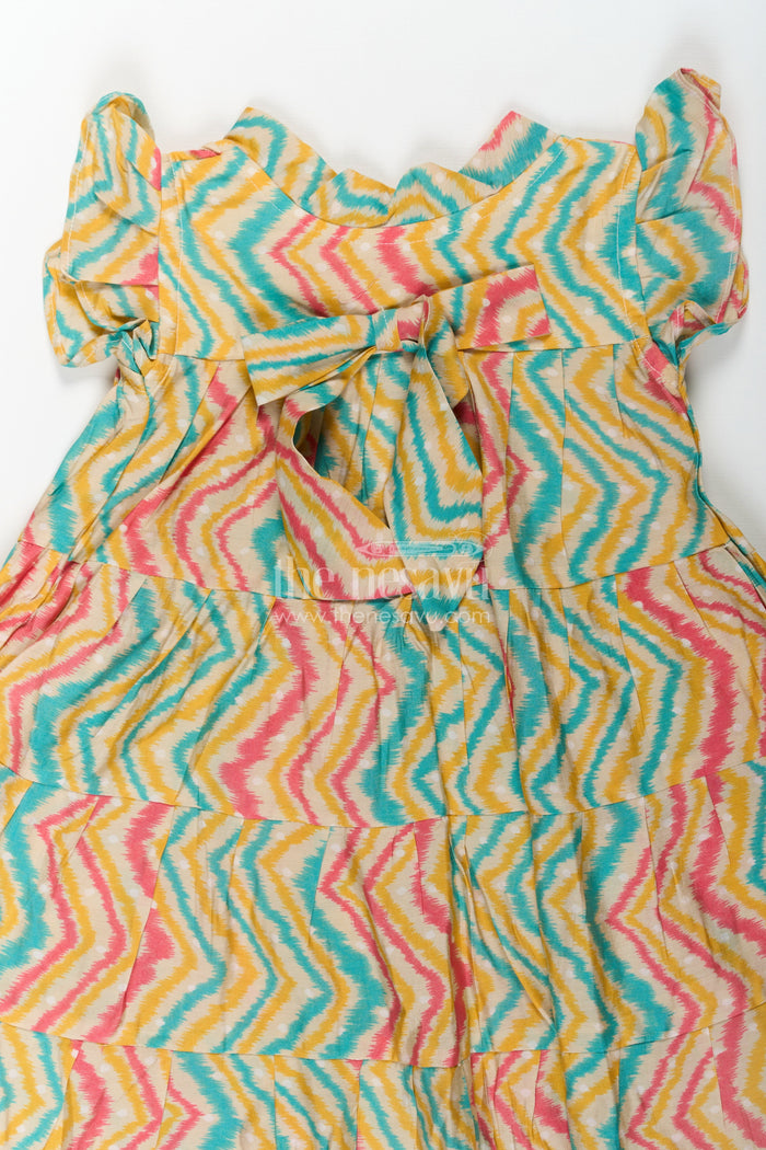 The Nesavu Girls Cotton Frock Frocks Kidswear in Modal Silk with Multicolor Zigzag Digital Print and Tiered Design for Girls Nesavu Nesavu Frocks Kidswear Girls Modal Silk Multicolor Zigzag Digital Print Tiered Flair
