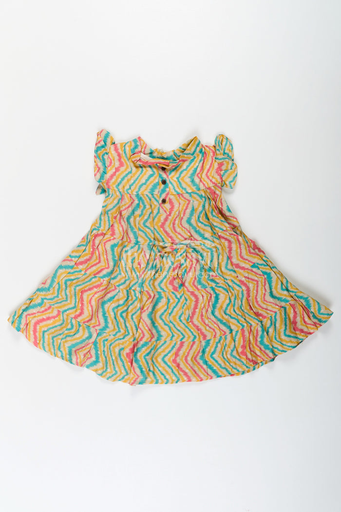 The Nesavu Girls Cotton Frock Frocks Kidswear in Modal Silk with Multicolor Zigzag Digital Print and Tiered Design for Girls Nesavu Nesavu Frocks Kidswear Girls Modal Silk Multicolor Zigzag Digital Print Tiered Flair