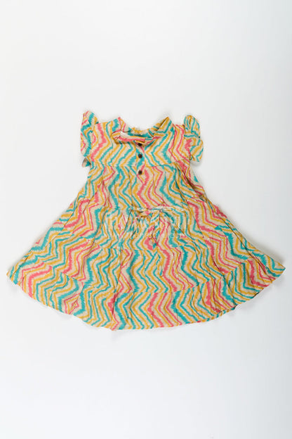 The Nesavu Girls Cotton Frock Frocks Kidswear in Modal Silk with Multicolor Zigzag Digital Print and Tiered Design for Girls Nesavu Nesavu Frocks Kidswear Girls Modal Silk Multicolor Zigzag Digital Print Tiered Flair