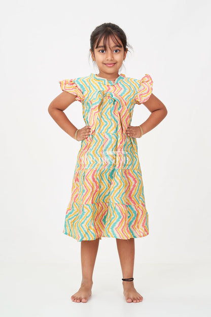 The Nesavu Girls Cotton Frock Frocks Kidswear in Modal Silk with Multicolor Zigzag Digital Print and Tiered Design for Girls Nesavu Frocks Kidswear Girls Modal Silk Multicolor Zigzag Digital Print Tiered Flair | The Nesavu