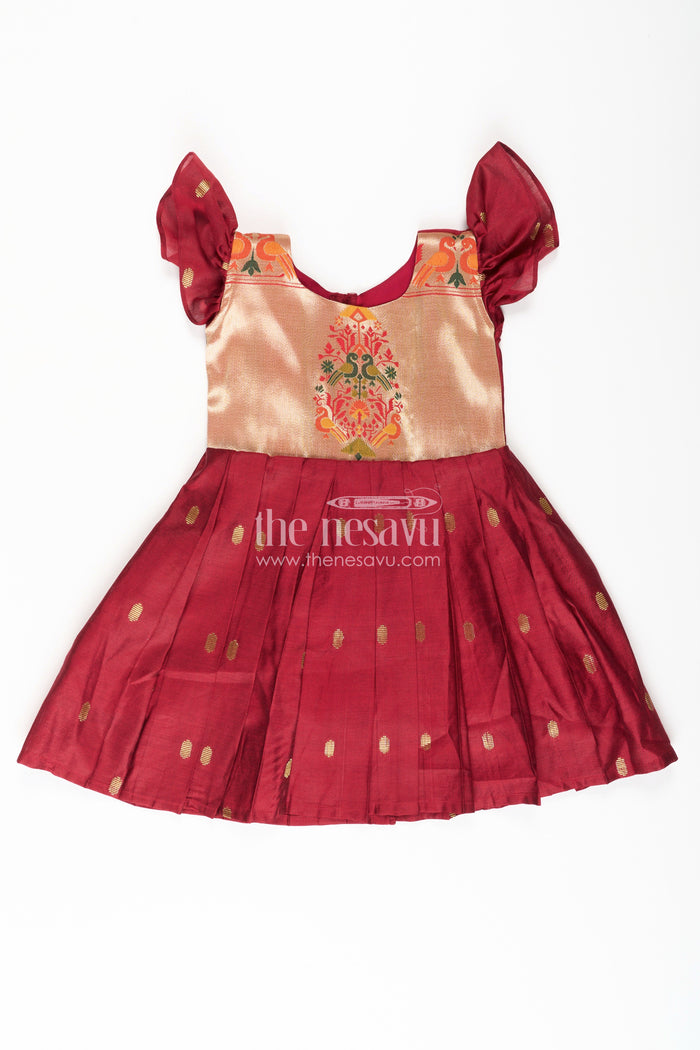 The Nesavu Silk Frock Frocks Silk Dress for Girls in Maroon Chanderi with Embellished Yoke and Paithani Border Details Nesavu 18 (2Y) / Red SF1013A-18 Nesavu Frocks Silk Dress Girls Chanderi Silk Paithani Embellished Yoke Puff Sleeves