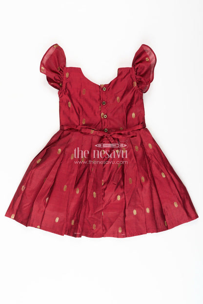 The Nesavu Silk Frock Frocks Silk Dress for Girls in Maroon Chanderi with Embellished Yoke and Paithani Border Details Nesavu Nesavu Frocks Silk Dress Girls Chanderi Silk Paithani Embellished Yoke Puff Sleeves