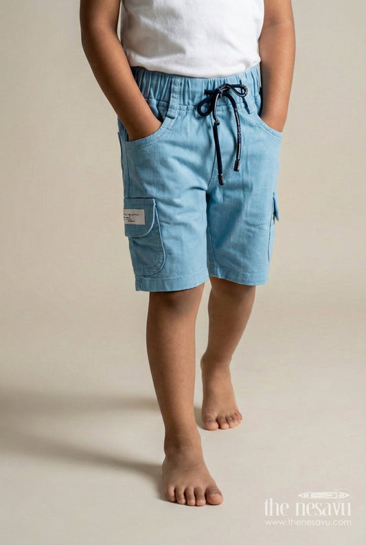 The Nesavu Boys Shorts Functional Cotton Boys Shorts with Twin Flap Pockets and Patch Detail Nesavu 14 (6M) / Blue / Cotton BWS069B-14 Boys cotton shorts with utility-style pockets and label detailing