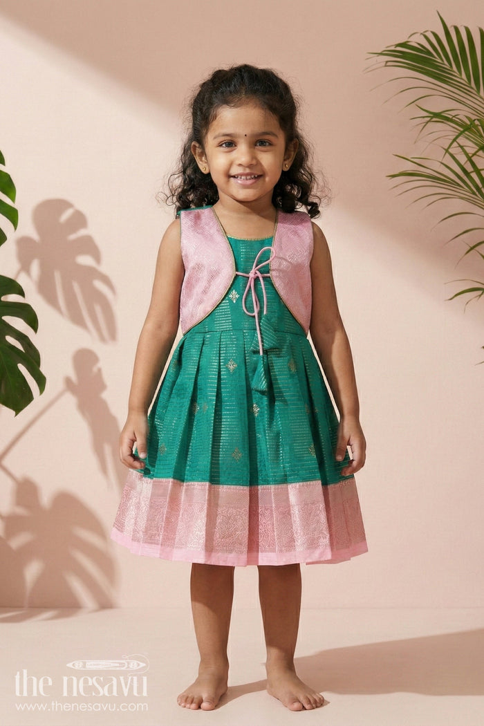 The Nesavu Girls Kanchi Silk Frock Gifting-friendly Silk Frock for Toddler Girls with Kanchivaram Saree Inspired Design Nesavu 10 (NB) / Green / style 1 KSF012CA-10 Nesavu toddler girl silk frock with zari woven design and contrast yoke – perfect for gifting and festive wear