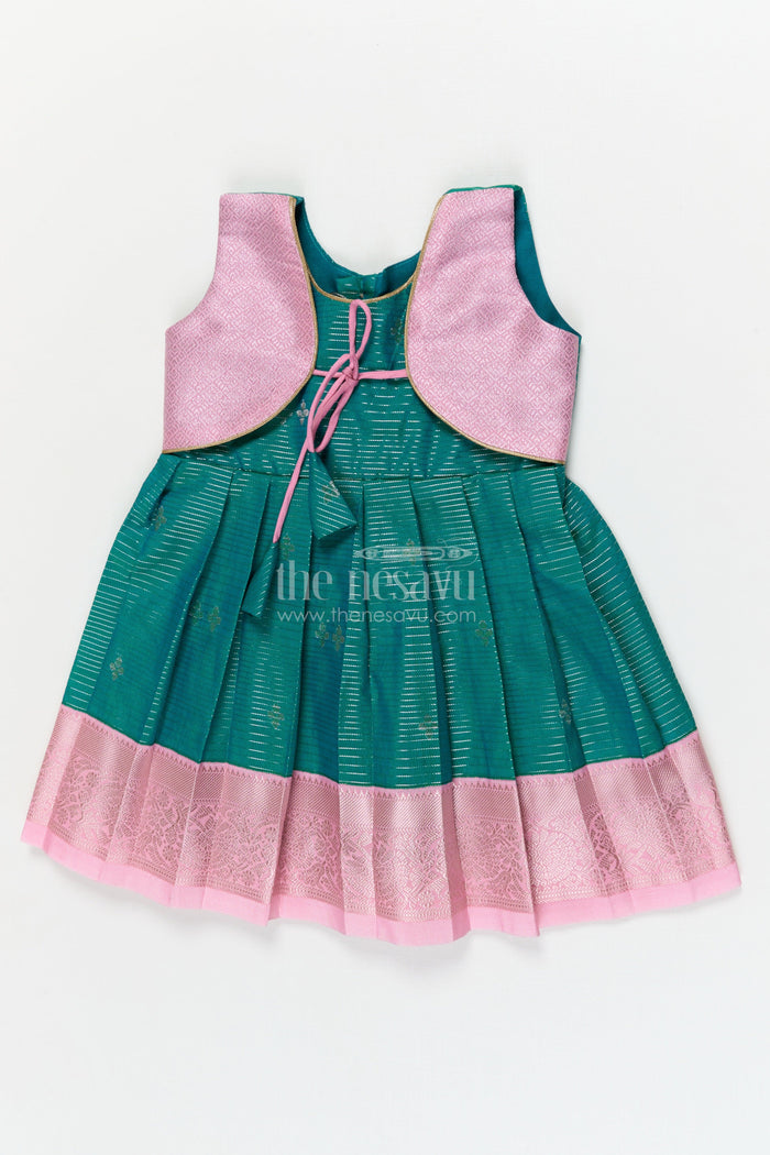The Nesavu Girls Kanchi Silk Frock Gifting-friendly Silk Frock for Toddler Girls with Kanchivaram Saree Inspired Design Nesavu 10 (NB) / Green / style 1 KSF012CA-10 Nesavu toddler girl silk frock with zari woven design and contrast yoke – perfect for gifting and festive wear