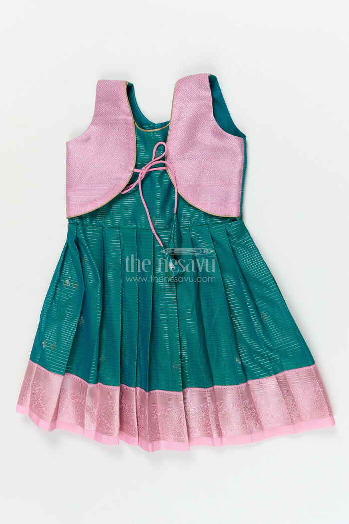 The Nesavu Girls Kanchi Silk Frock Gifting-friendly Silk Frock for Toddler Girls with Kanchivaram Saree Inspired Design Nesavu 10 (NB) / Green / style 2 KSF012CB-10 Nesavu toddler girl silk frock with zari woven design and contrast yoke – perfect for gifting and festive wear
