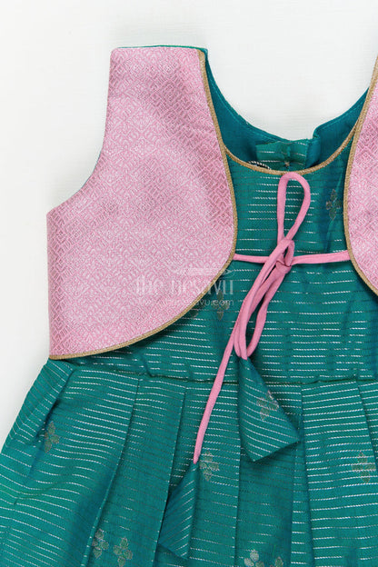 The Nesavu Girls Kanchi Silk Frock Gifting-friendly Silk Frock for Toddler Girls with Kanchivaram Saree Inspired Design Nesavu Nesavu toddler girl silk frock with zari woven design and contrast yoke – perfect for gifting and festive wear