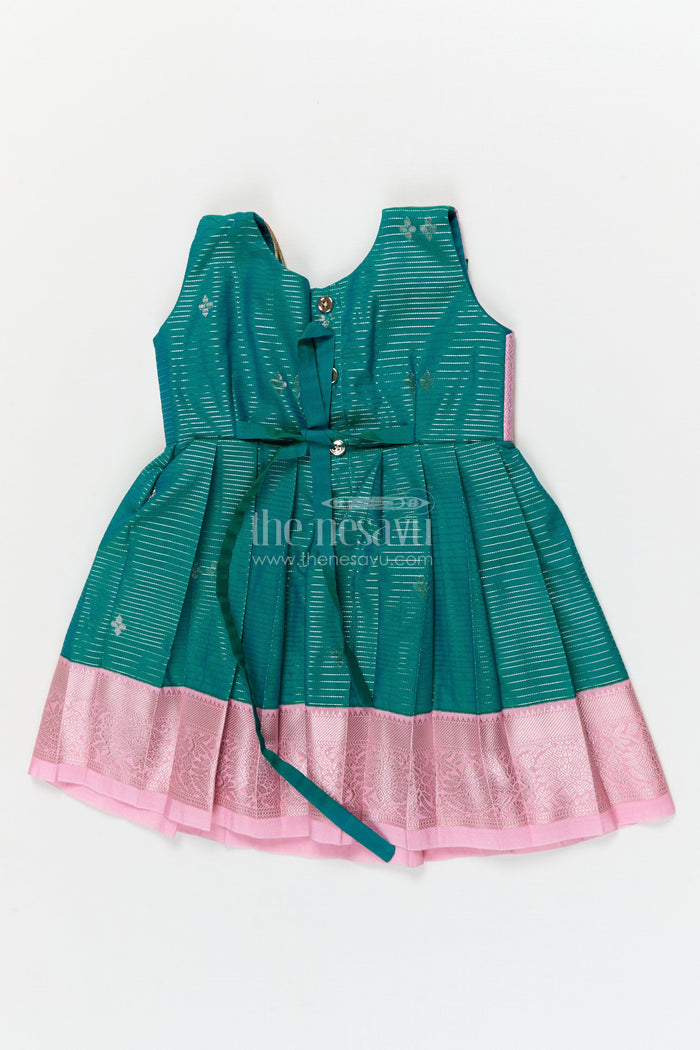 The Nesavu Girls Kanchi Silk Frock Gifting-friendly Silk Frock for Toddler Girls with Kanchivaram Saree Inspired Design Nesavu Nesavu toddler girl silk frock with zari woven design and contrast yoke – perfect for gifting and festive wear