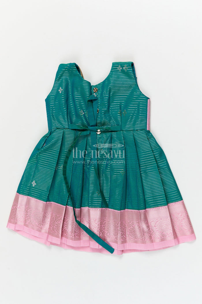 The Nesavu Girls Kanchi Silk Frock Gifting-friendly Silk Frock for Toddler Girls with Kanchivaram Saree Inspired Design Nesavu Nesavu toddler girl silk frock with zari woven design and contrast yoke – perfect for gifting and festive wear