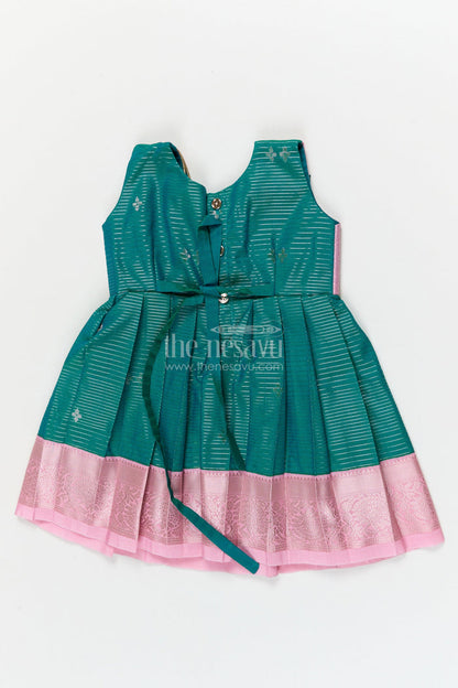The Nesavu Girls Kanchi Silk Frock Gifting-friendly Silk Frock for Toddler Girls with Kanchivaram Saree Inspired Design Nesavu Nesavu toddler girl silk frock with zari woven design and contrast yoke – perfect for gifting and festive wear