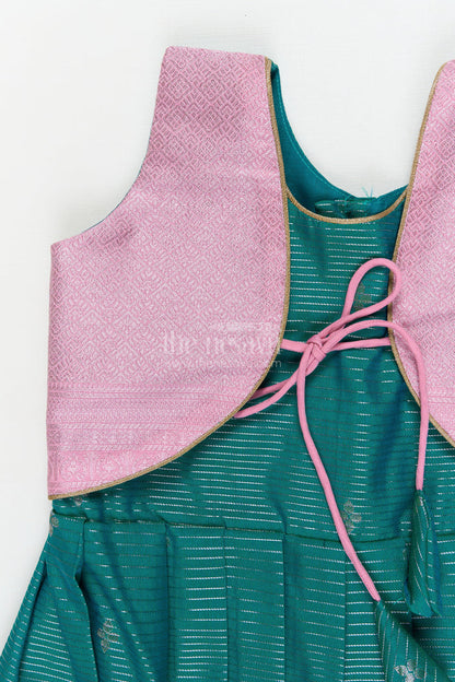 The Nesavu Girls Kanchi Silk Frock Gifting-friendly Silk Frock for Toddler Girls with Kanchivaram Saree Inspired Design Nesavu Nesavu toddler girl silk frock with zari woven design and contrast yoke – perfect for gifting and festive wear