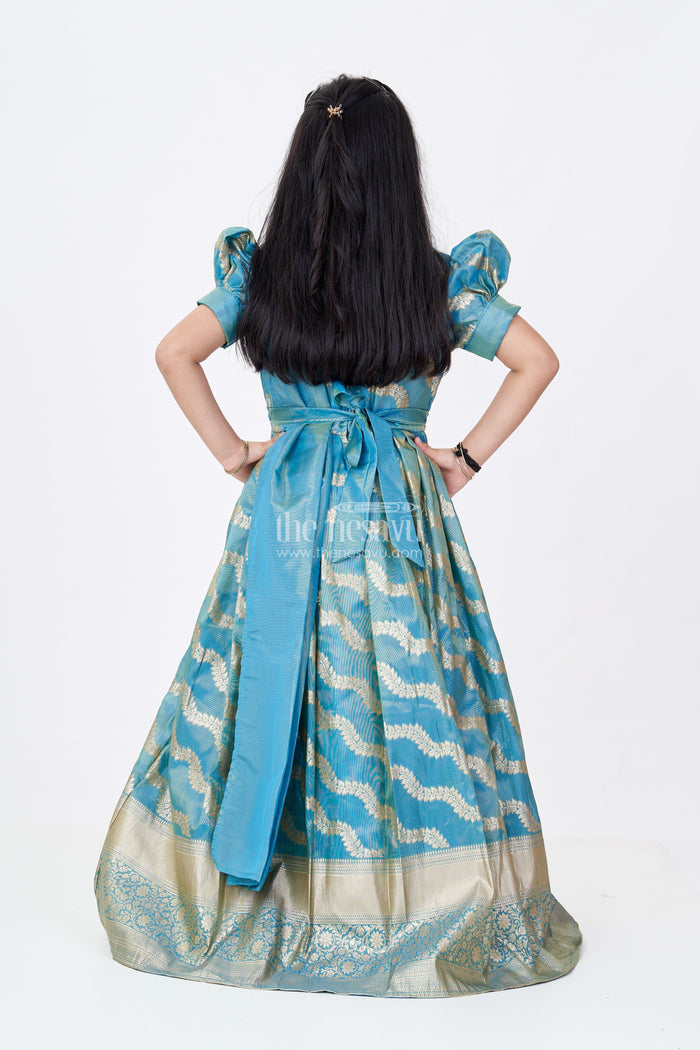 The Nesavu Girls Silk Gown Girls Anarkali Dress Green in Banarasi Silk Blend with Zari Jacquard Weave and Broad Golden Border Nesavu Girls Green Anarkali Dress Banarasi Silk Blend Zari Weaving Big Gold Border | The Nesavu
