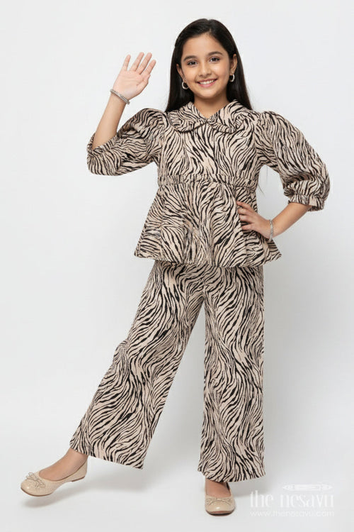 The Nesavu Girls Co-Ord Sets Girls Animal Print Co-Ord Set for Festive Wear and Fashion Outings Nesavu 22 (4Y) / Black GPS908A-22 Nesavu girls animal print co-ord set balloon sleeves peplum top festive outings