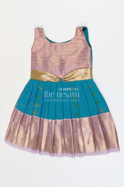 The Nesavu Girls Kanchi Silk Frock Girls Arani Silk Frock for Traditional Weddings and Functions Nesavu 10 (NB) / Blue / Style 2 KSF027AB-10 Nesavu Girls Semi Arani Kanchivaram Silk Frock For Weddings Traditional Functions And Festive Wear