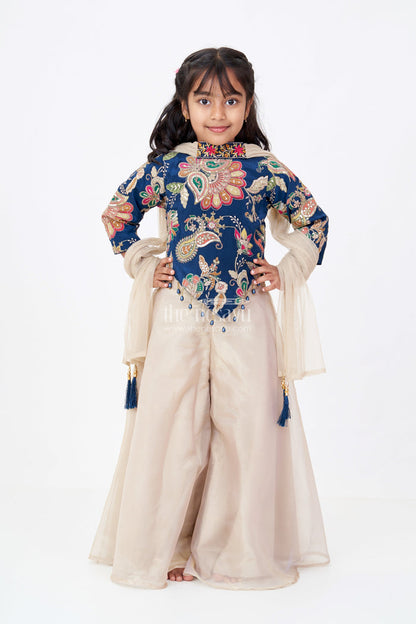 The Nesavu Girls Sharara / Plazo Set Girls Beige Jumpsuit Womens Style in Organza with Designer Embroidery and Half Sleeve Top Nesavu Nesavu Girls Beige Jumpsuit Womens Ethnic Style Embroidered Navy Top Organza