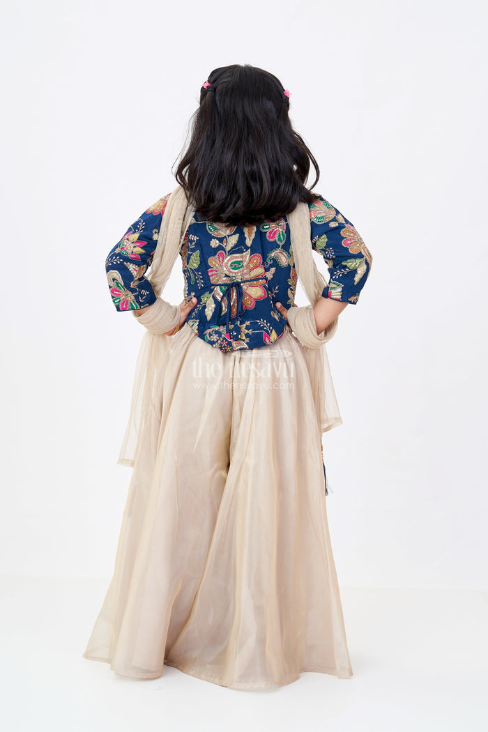 The Nesavu Girls Sharara / Plazo Set Girls Beige Jumpsuit Womens Style in Organza with Designer Embroidery and Half Sleeve Top Nesavu Girls Beige Jumpsuit Womens Ethnic Style Embroidered Navy Top Organza | The Nesavu