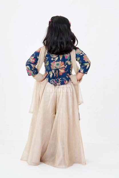 The Nesavu Girls Sharara / Plazo Set Girls Beige Jumpsuit Womens Style in Organza with Designer Embroidery and Half Sleeve Top Nesavu Girls Beige Jumpsuit Womens Ethnic Style Embroidered Navy Top Organza | The Nesavu