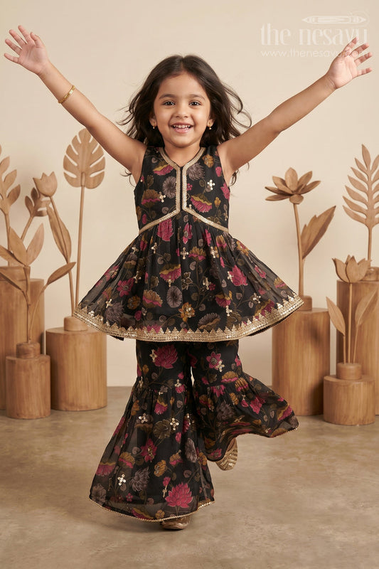 The Nesavu Girls Sharara / Plazo Set Girls Black Floral Sharara Plazo Set with Golden Lace Detailing Nesavu 16 (1Y) / Black GPS415A-16 Nesavu Girls Black Floral Sharara Plazo Set Golden Lace Dupatta
