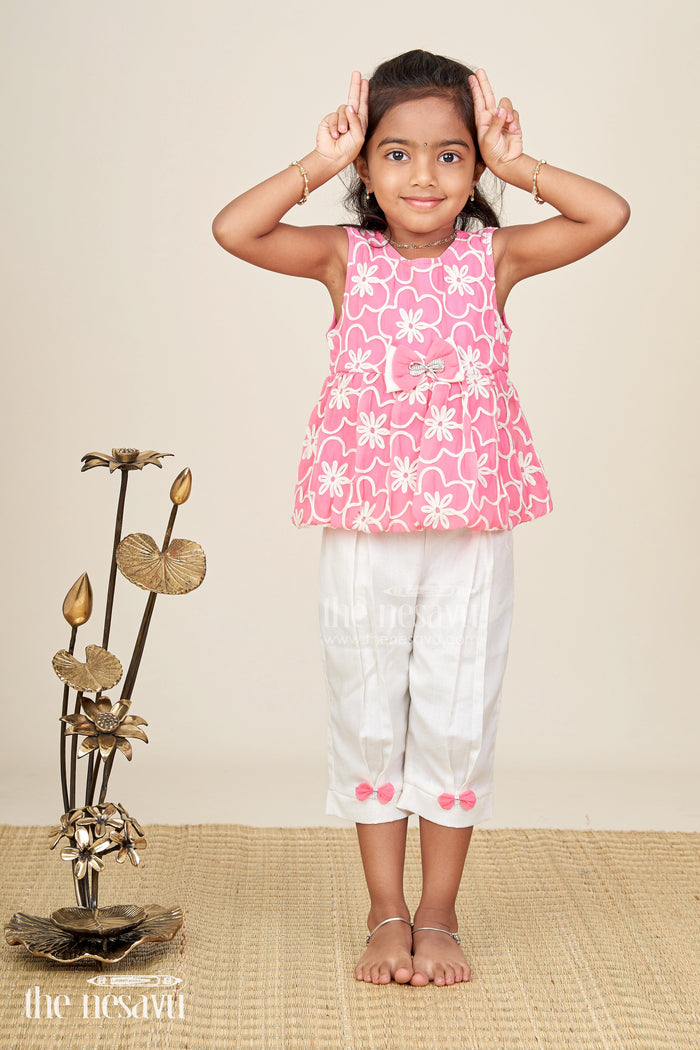 The Nesavu Girls Casual Set Girls Casual Dresses Online Pink Embroidered Cotton Top with White Pants and Cute Bow Accents Nesavu Nesavu Girls Casual Dresses Online Pink Embroidered Cotton Top Matching White Pants Bow Details