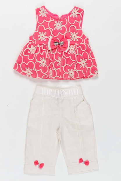 The Nesavu Girls Casual Set Girls Casual Dresses Online Pink Embroidered Cotton Top with White Pants and Cute Bow Accents Nesavu Nesavu Girls Casual Dresses Online Pink Embroidered Cotton Top Matching White Pants Bow Details