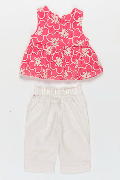 The Nesavu Girls Casual Set Girls Casual Dresses Online Pink Embroidered Cotton Top with White Pants and Cute Bow Accents Nesavu Nesavu Girls Casual Dresses Online Pink Embroidered Cotton Top Matching White Pants Bow Details