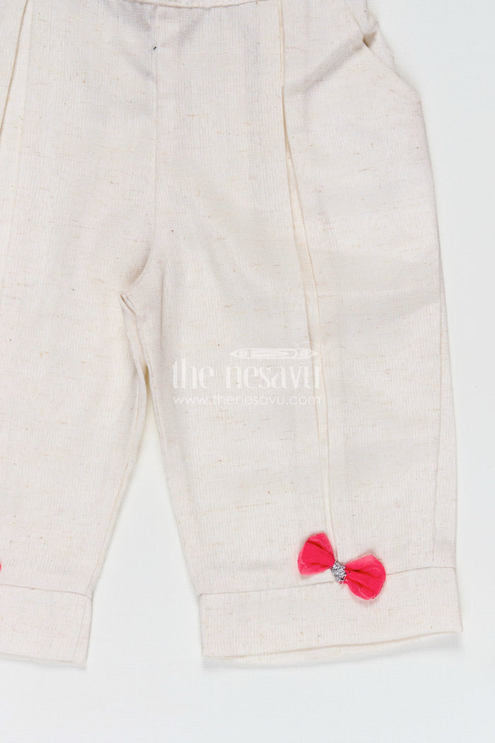 The Nesavu Girls Casual Set Girls Casual Dresses Online Pink Embroidered Cotton Top with White Pants and Cute Bow Accents Nesavu Nesavu Girls Casual Dresses Online Pink Embroidered Cotton Top Matching White Pants Bow Details