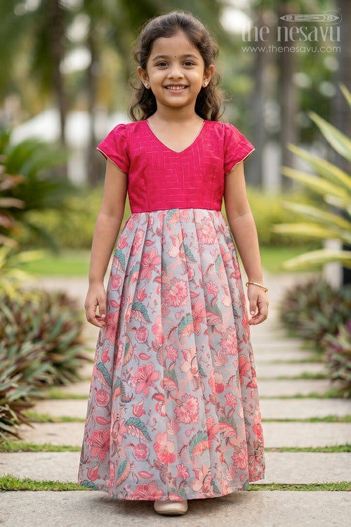 The Nesavu Girls Casual Gown Girls Casual Party Dress for Festive Outings and Celebrations Nesavu 14 (6M) / Pink / Chanderi GA399A-14 Nesavu Girls Casual Party Dress For Festive Outings And Family Celebrations With Floral Print