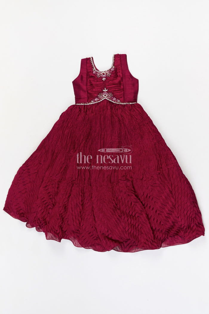 The Nesavu Girls Casual Gown Girls Celebration Gown for Parties and Festive Occasions Nesavu 24 (5Y) / Maroon / Georgette GA389B-24 Nesavu girls georgette celebration gown with designer embroidered jacket for parties