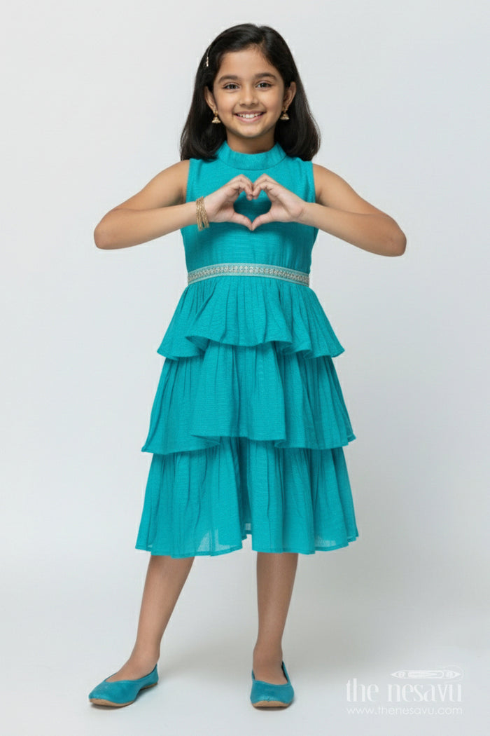 The Nesavu Girls Chanderi Frock Girls Chanderi Cotton Frock for Festivals and School Ethnic Day Nesavu 18 (2Y) / Blue GFC2011F-18 Nesavu girls traditional chanderi frock blue ethnic school functions family events